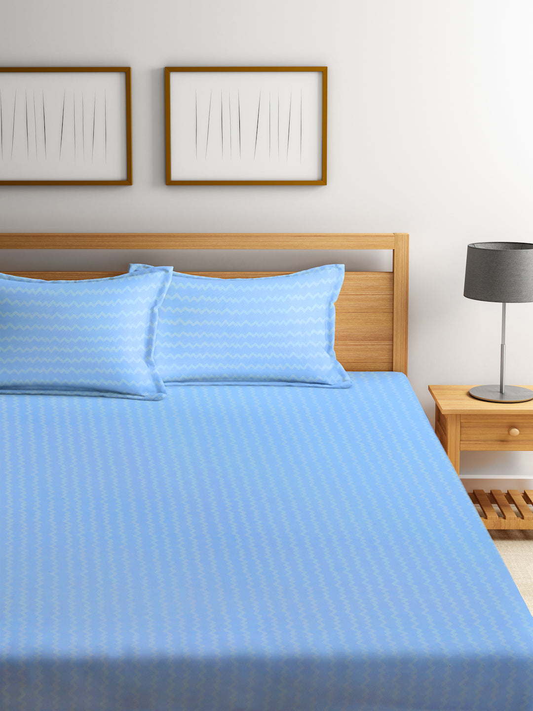 Klotthe Skyblue Abstract 300 TC Cotton Blend Fitted Double Bedsheet Set in Book Fold Packing