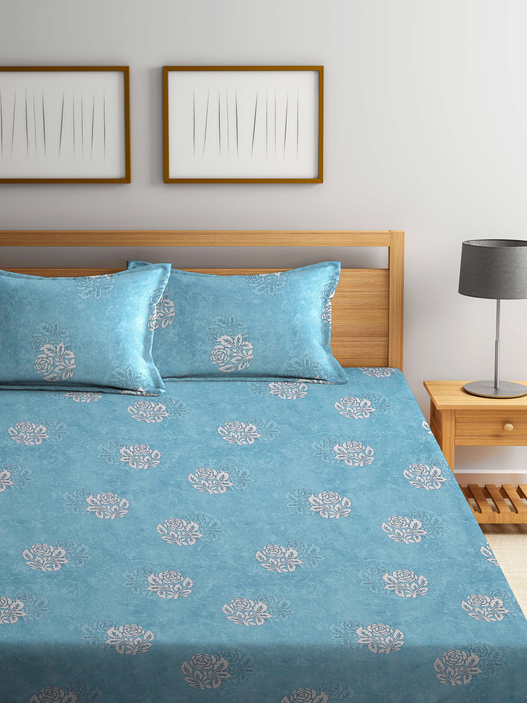Klotthe Turquoise Floral 400 TC Pure Cotton Double Bedsheet with 2 Pillow Covers