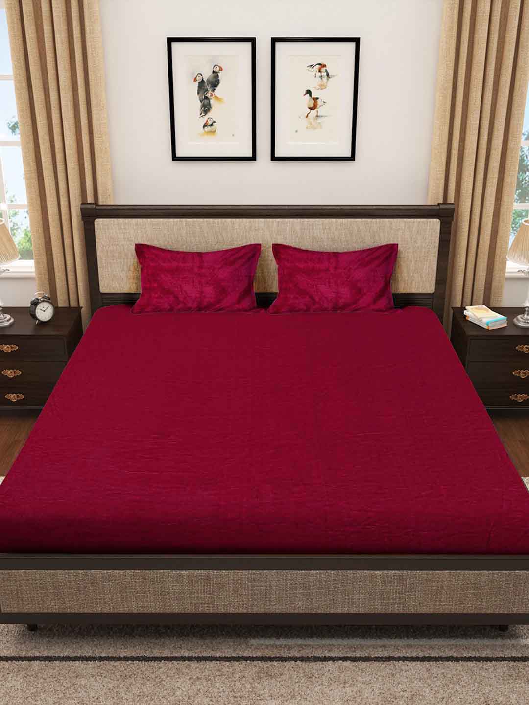 Klotthe Red Solid Woolen Fitted Double Bed Sheet with 2 Pillow Covers
