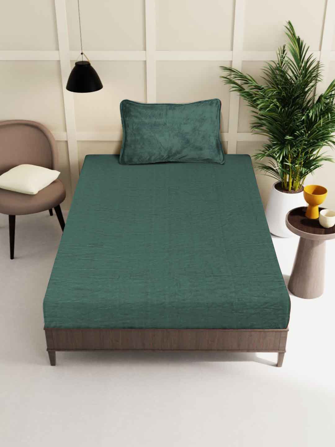 Klotthe Green Solid Woolen Fitted Single Bed Sheet with Pillow Cover