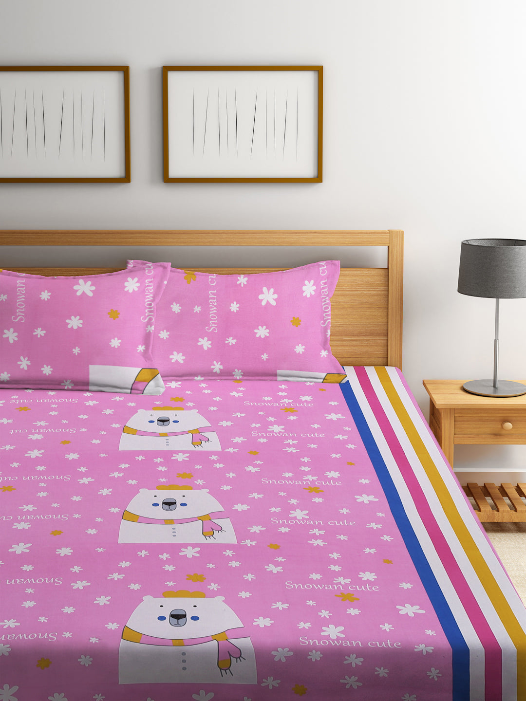 Klotthe Kids Pink Cotton 300 TC Double Bedsheet with 2 Pillow Covers
