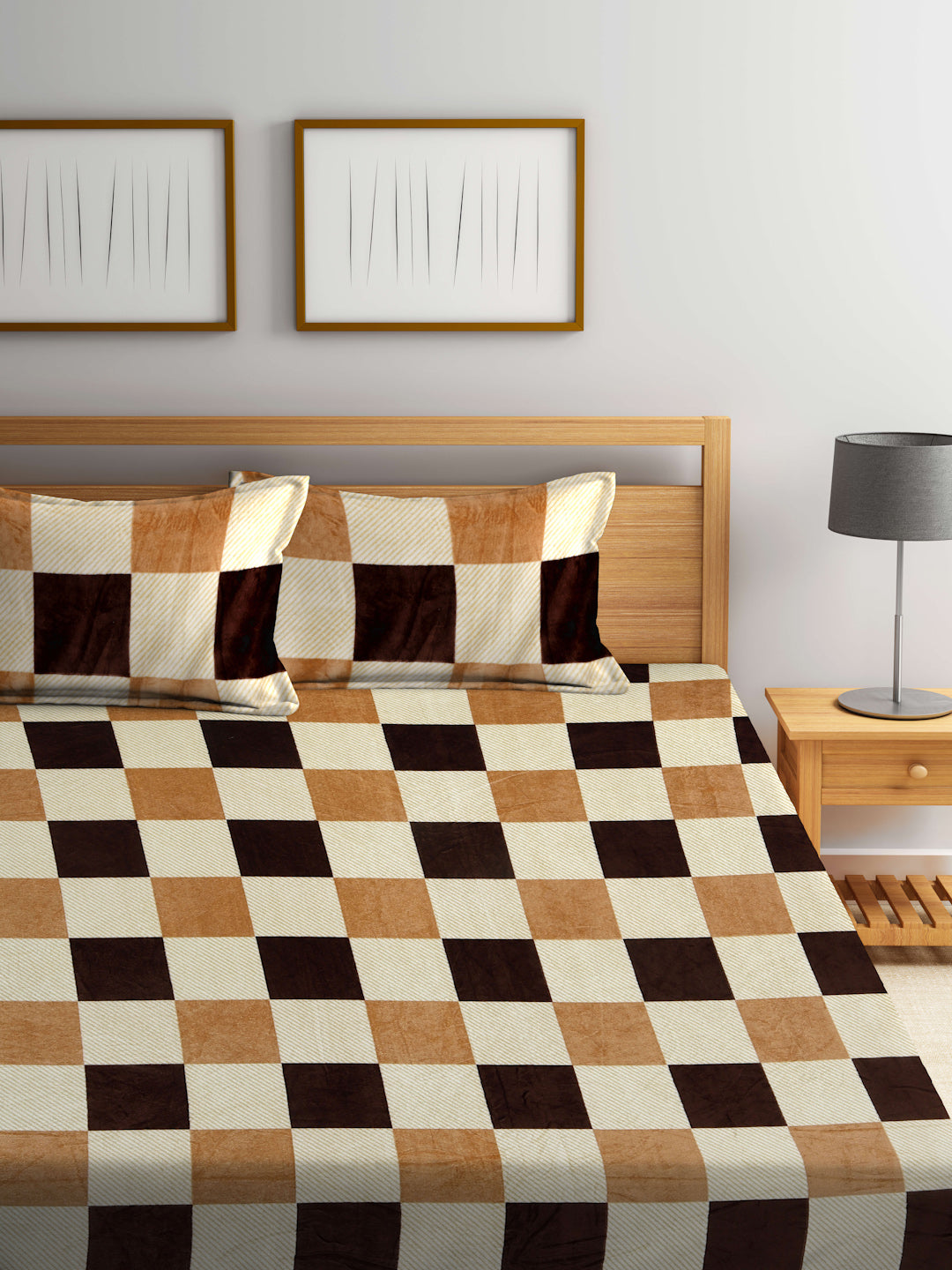 Klotthe Cream Geometric Woolen Fitted Double Bed Sheet with 2 Pillow C