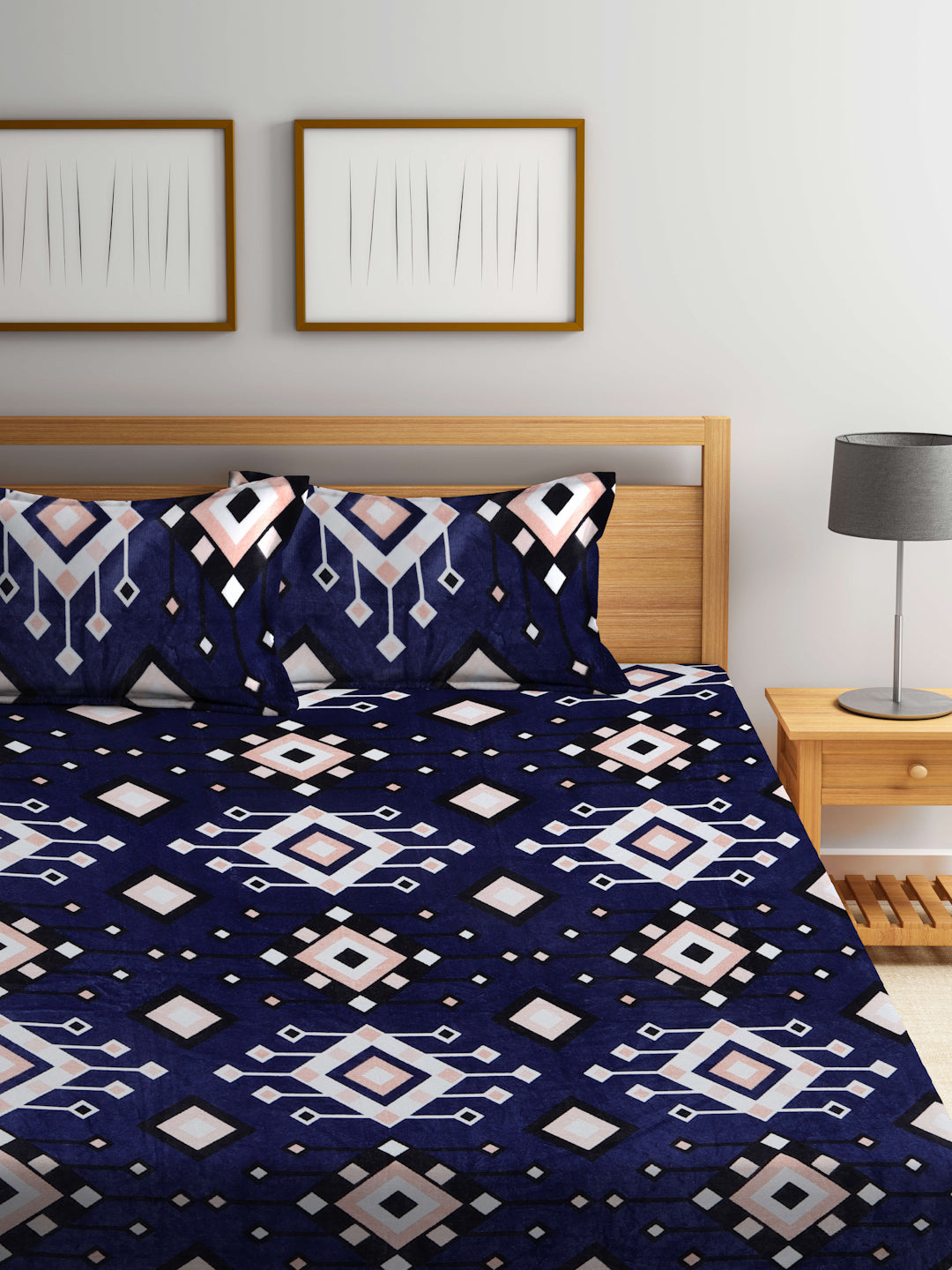 Klotthe Blue Geometric Woolen Fitted Double Bed Sheet with 2 Pillow Covers