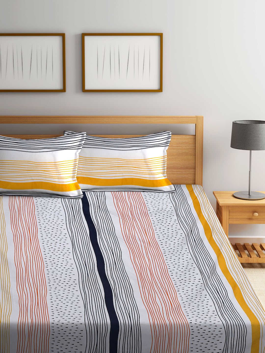 Klotthe Multi Striped 300 TC Cotton Blend Super King Double Bedsheet with 2 Pillow covers (270X270 cm)