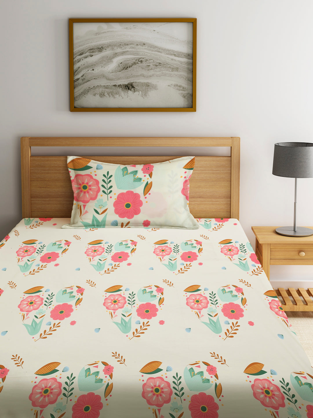 Klotthe Multi 210 TC Floral Cotton Blend Single Bed Sheet with Pillow Cover