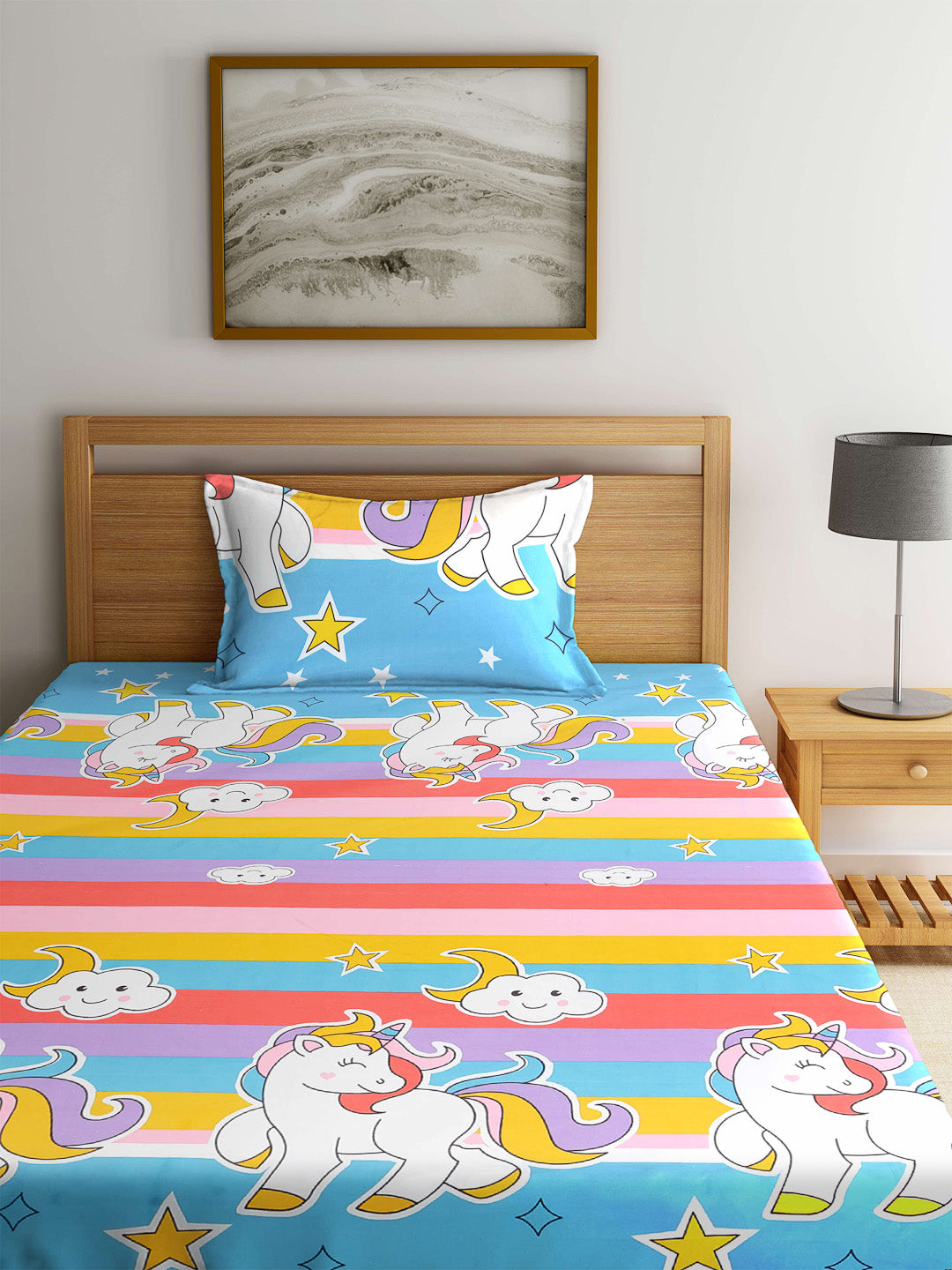Klotthe Multi Cartoon Characters Cotton Blend Single Bedsheet with Pillow cover