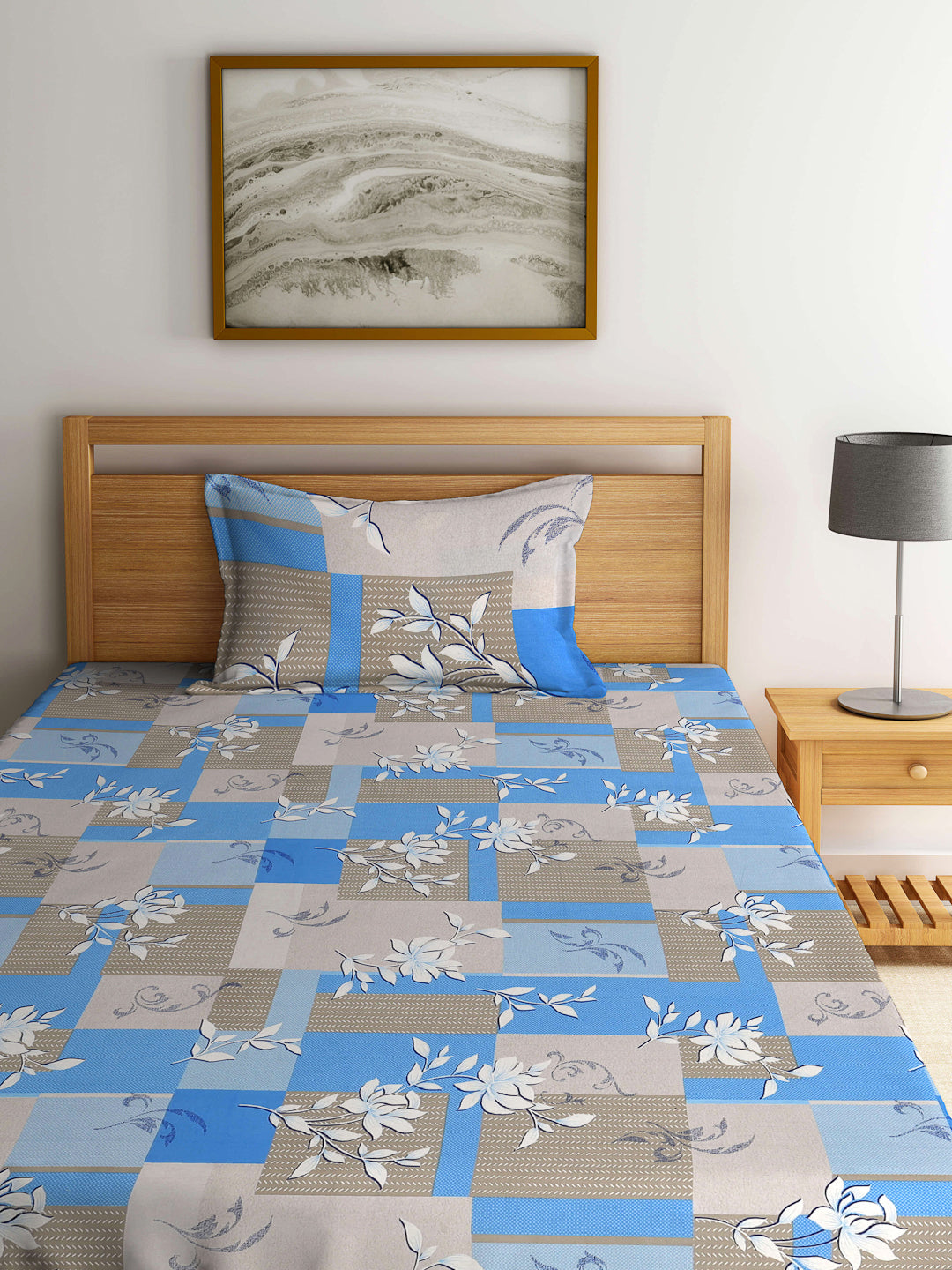 Klotthe Multicolor Floral 400 TC Pure Cotton Fitted Single Bedsheet with Pillow Cover