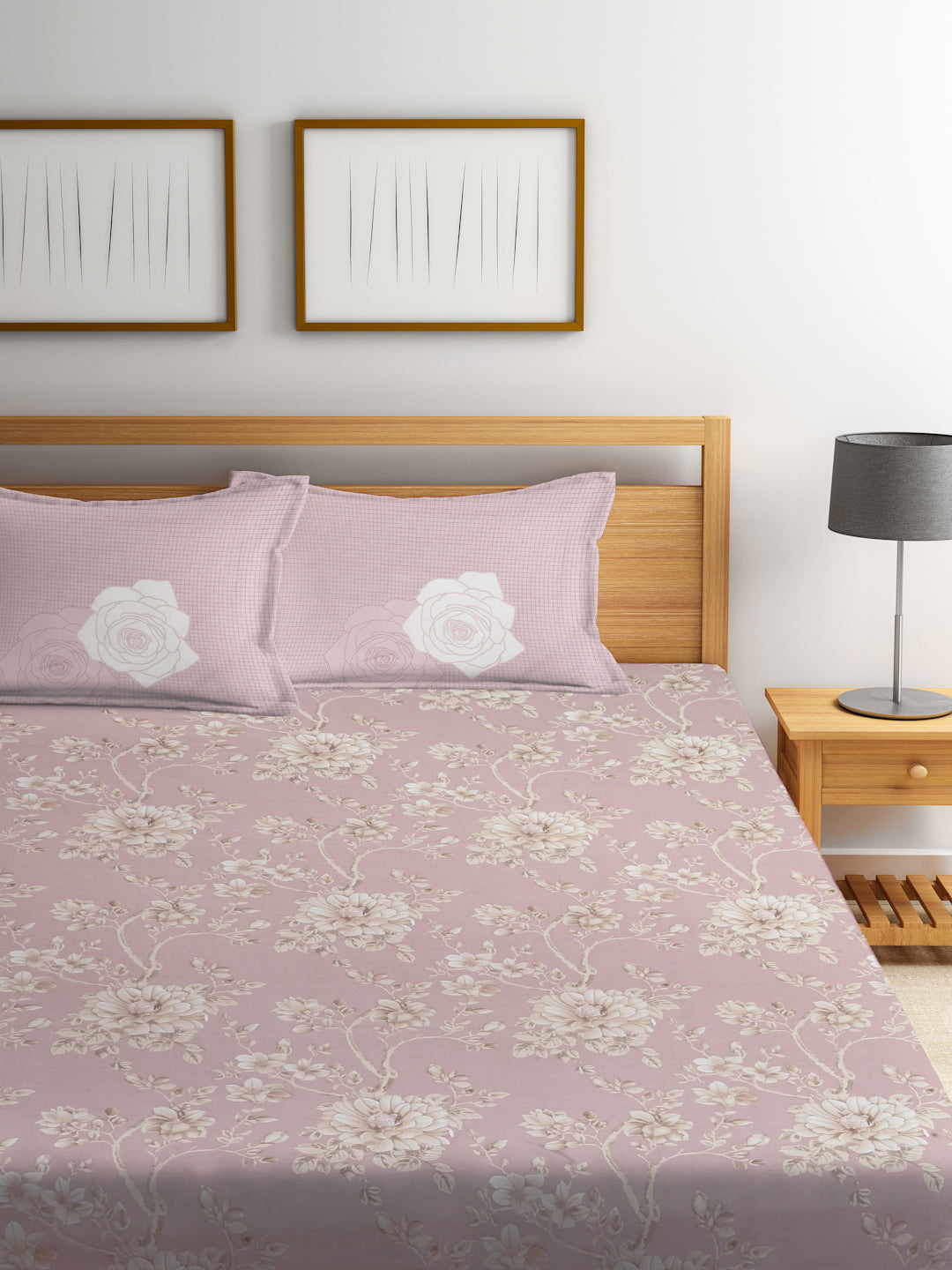 Klotthe Pink Floral 400 TC Pure Cotton Fitted Super King Double Bedsheet with 2 Pillow covers (270X270 cm)