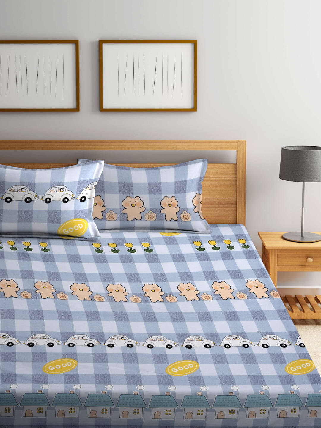 Klotthe Multicolor Cartoon Characters 300 TC Cotton Blend Double Bedsheet with 2 Pillow Covers