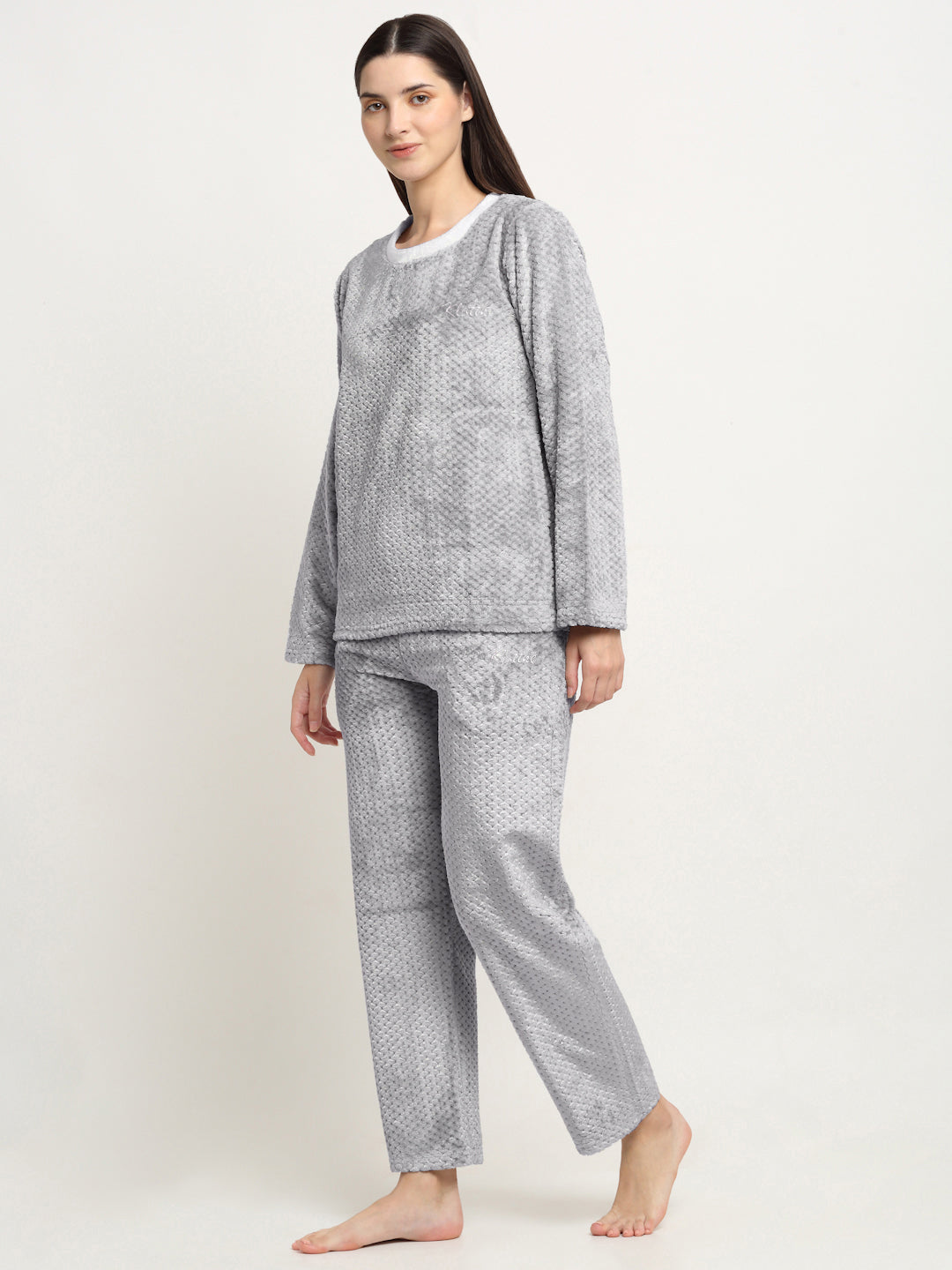 Klotthe Women Light Grey Jacquard Wool Blend Solid Night Suit