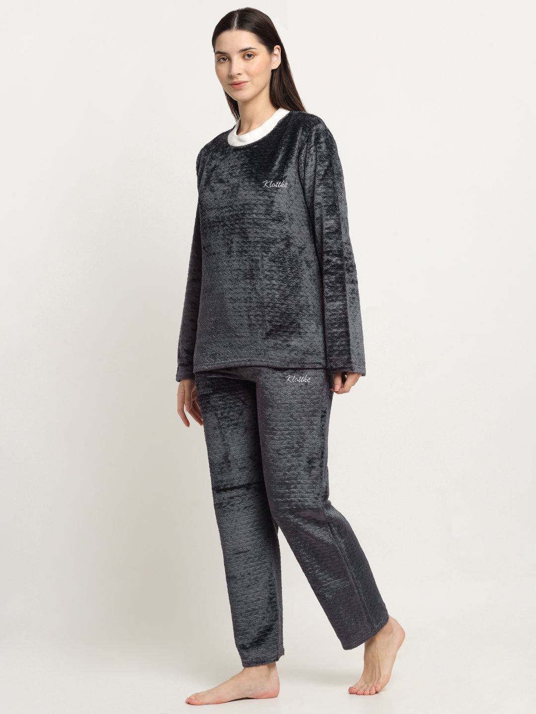 Klotthe Women Dark Grey Jacquard Wool Blend Solid Night Suit