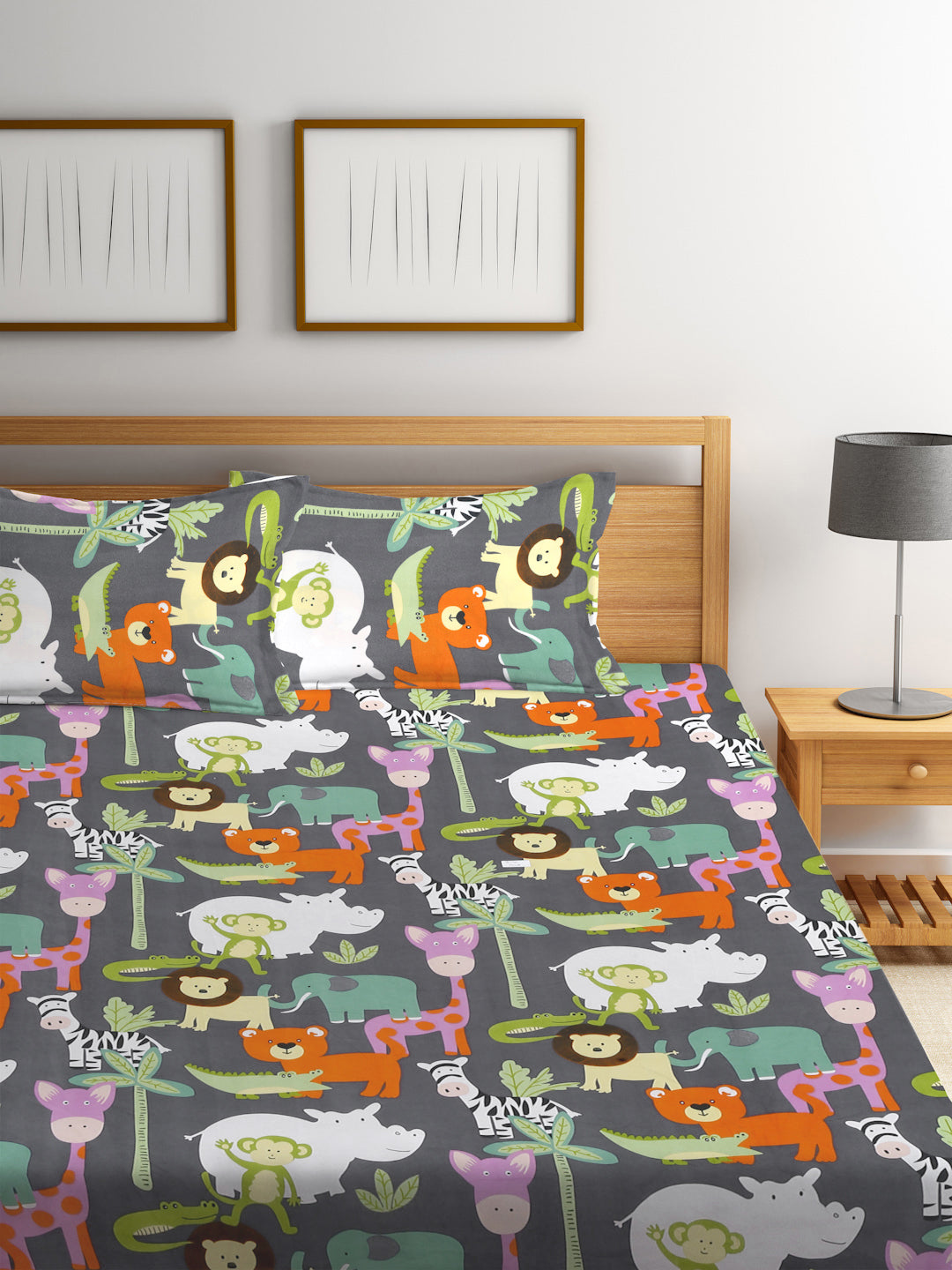 Klotthe Multicolor Cartoon Characters 300 TC Cotton Blend Fitted Double Bedsheet with 2 Pillow covers