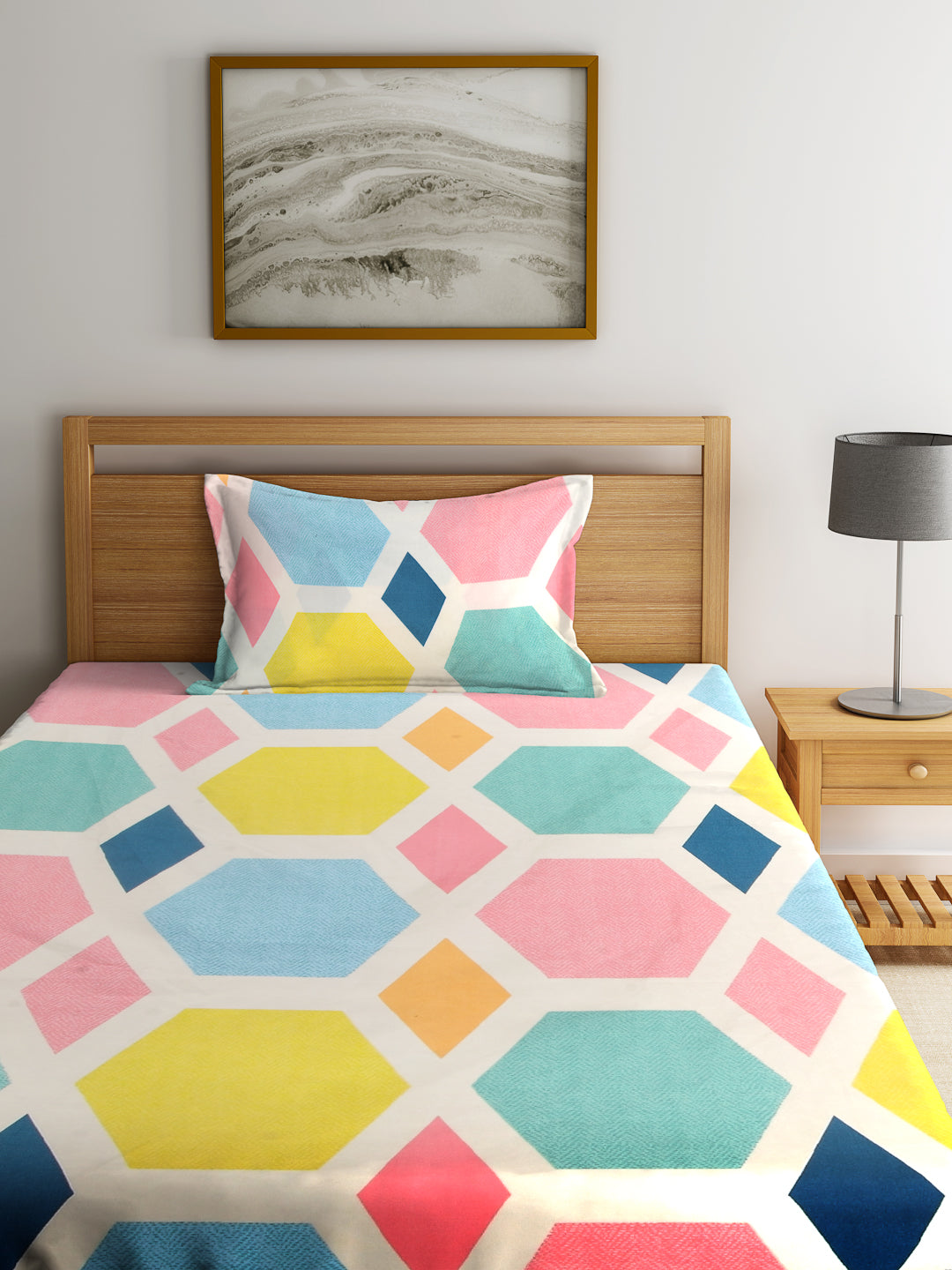 Klotthe Multi Geometric 300 TC Cotton Blend Elasticated Single Bedsheet with Pillow Cover