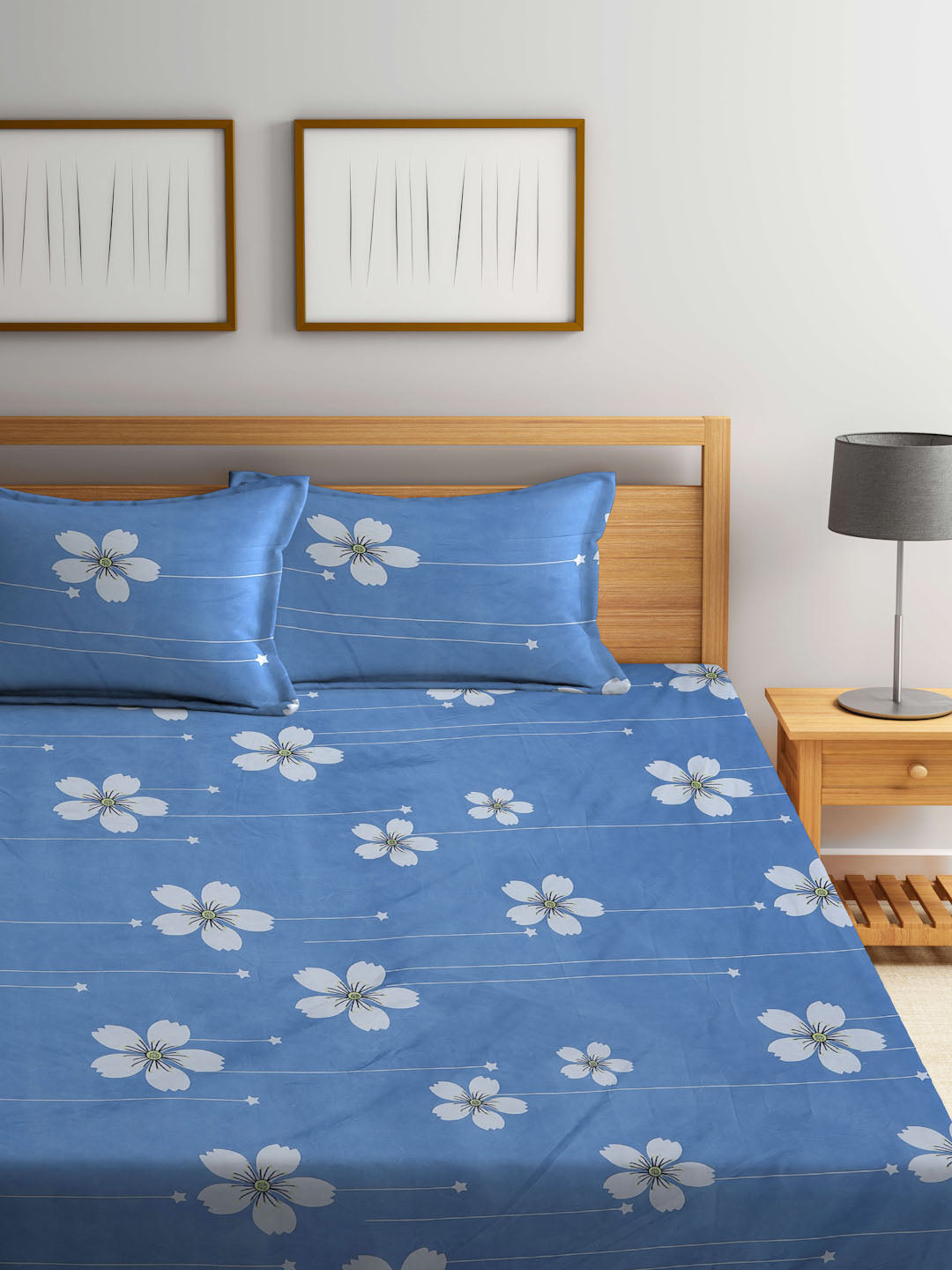 Klotthe Blue Floral 300 TC Cotton Blend Fitted Double Bedsheet with 2 Pillow Covers in Book Fold Packing
