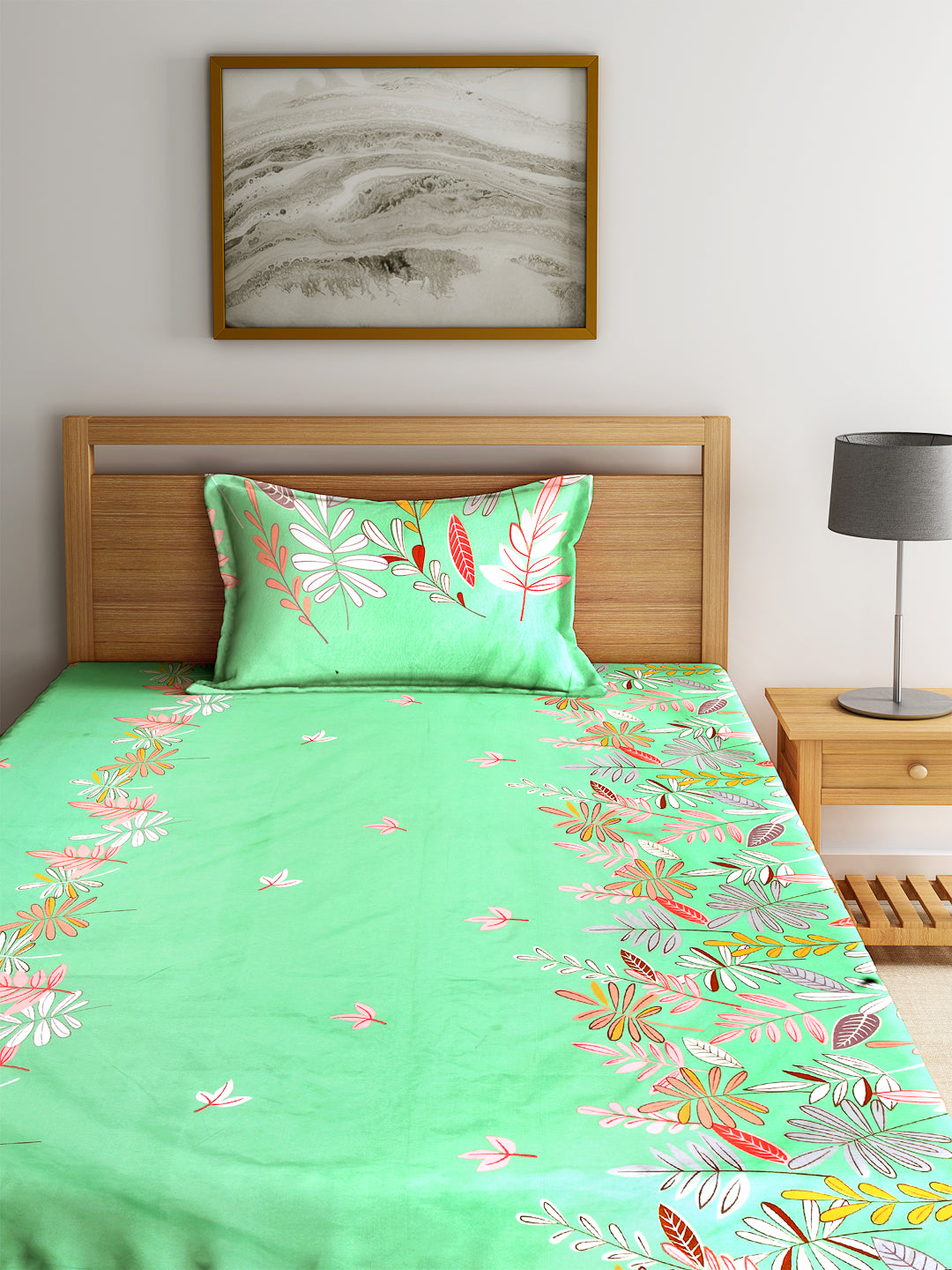 KLOTTHE Green Polycotton Floral BedSheet With 1 Pillow Cover (225X150 cm)