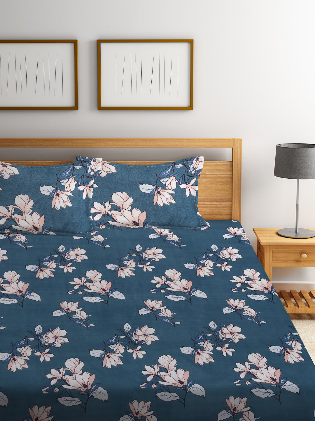 Klotthe Blue Floral 300 TC Cotton Blend Double Bedsheet Set in Book Fold Packing