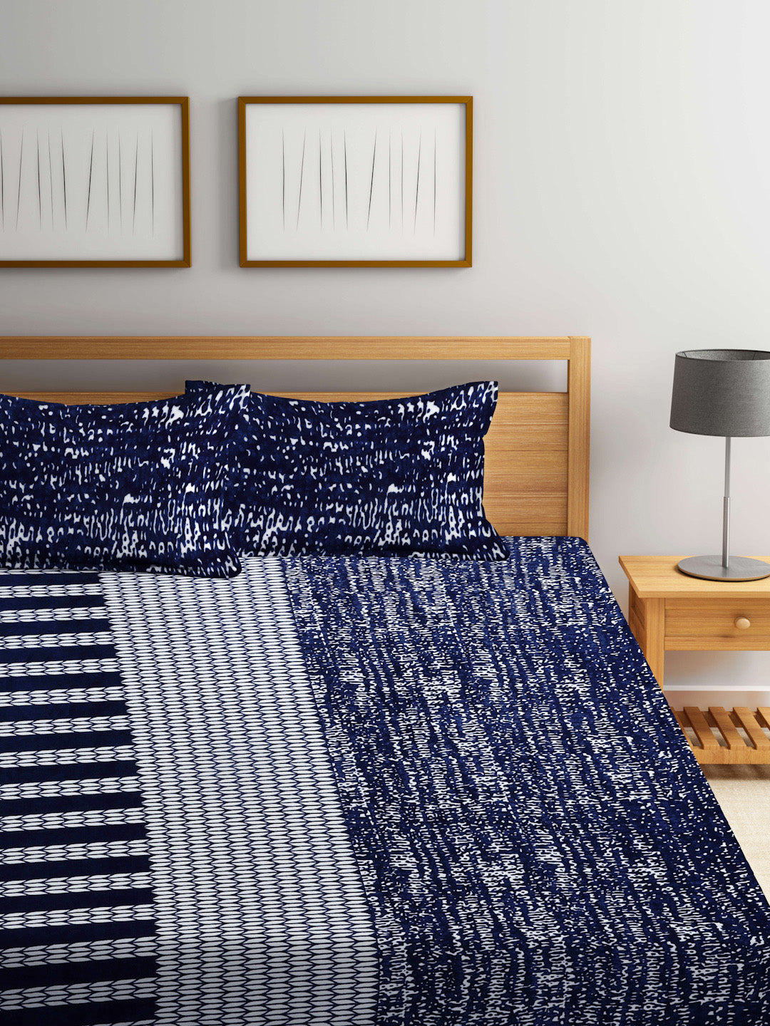 Klotthe Blue Abstract Woolen Fitted Double Bed Sheet with 2 Pillow Cov