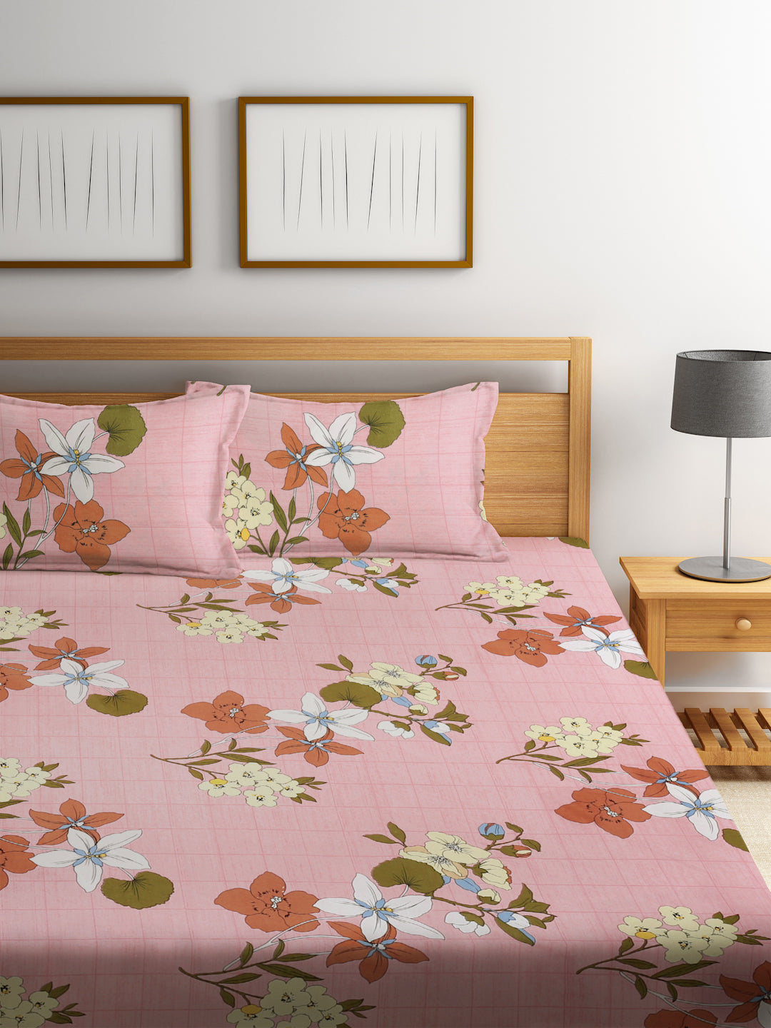 Klotthe Pink Floral 300 TC Cotton Blend Double Bedsheet with 2 Pillow Covers