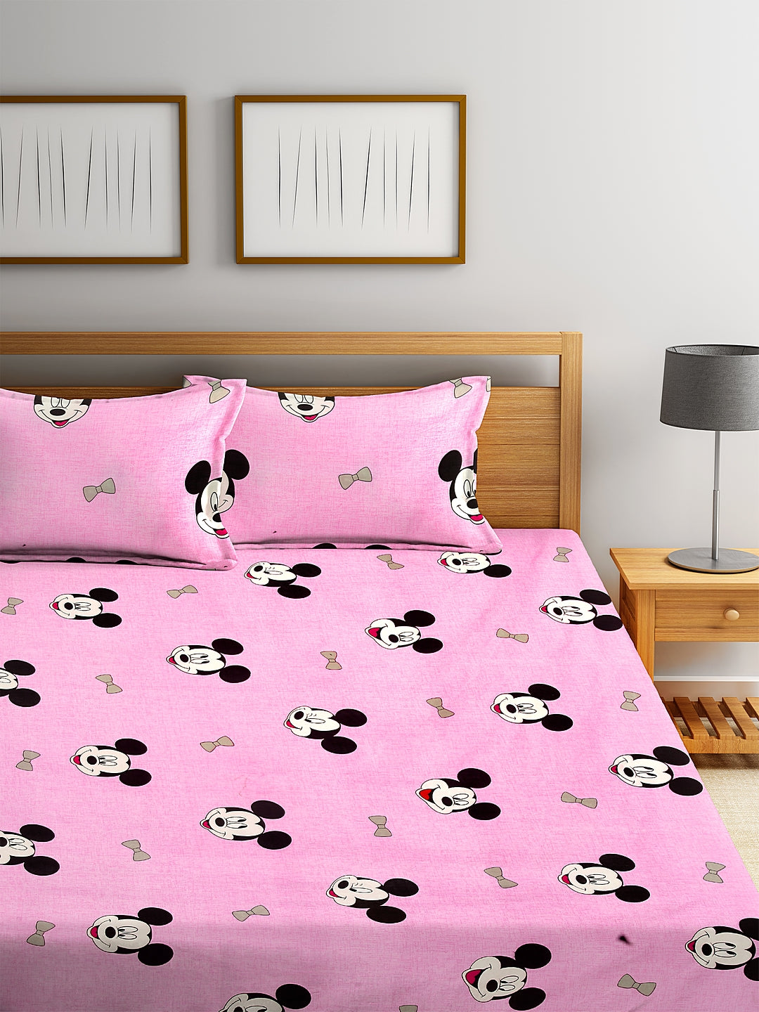 Klotthe Pink Cartoon 210 TC Cotton Blend Elasticated Double Bedsheet with 2 Pillow Covers
