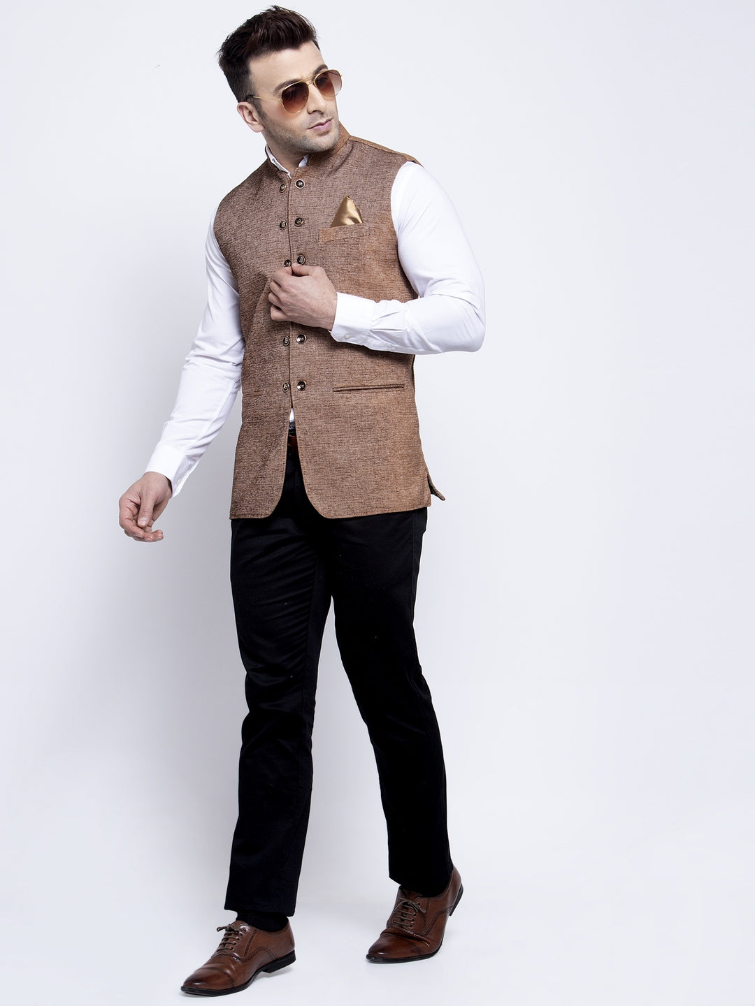KLOTTHE Brown Cotton Blend Woven Design Nehru Jacket
