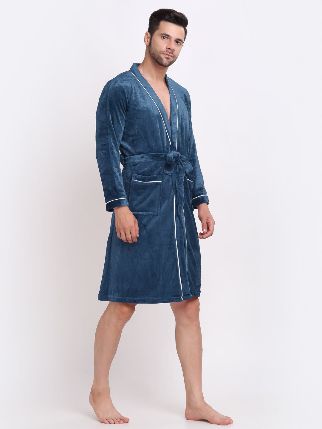 Men's Turquoise Robe Klotthe Men Turquoise Solid Wool Bath Robe With Belt – KLOTTHE®