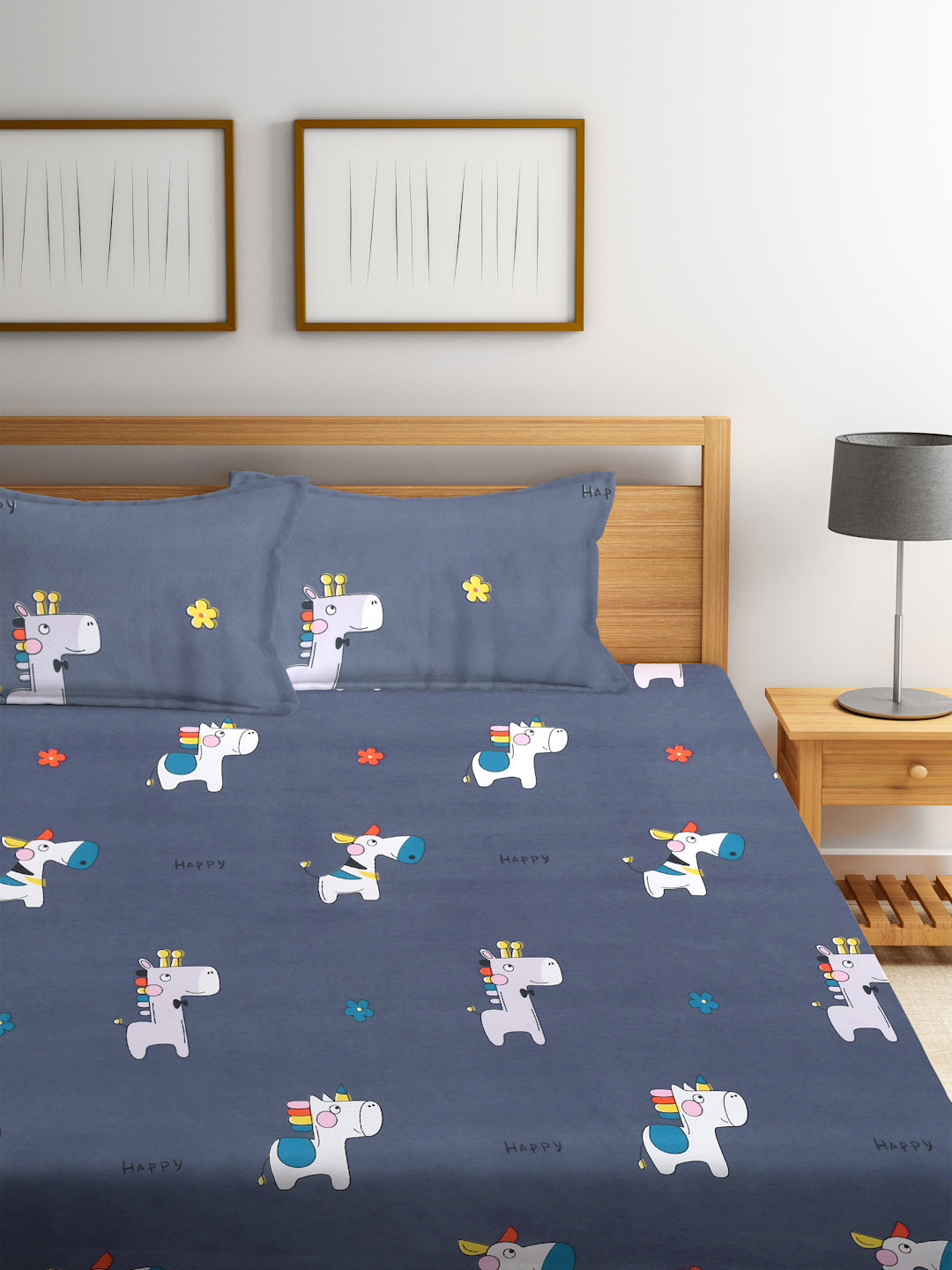Klotthe MultiColor 300 TC Cartoon Characters Cotton Blend Double Bed Sheet with 2 Pillow Covers
