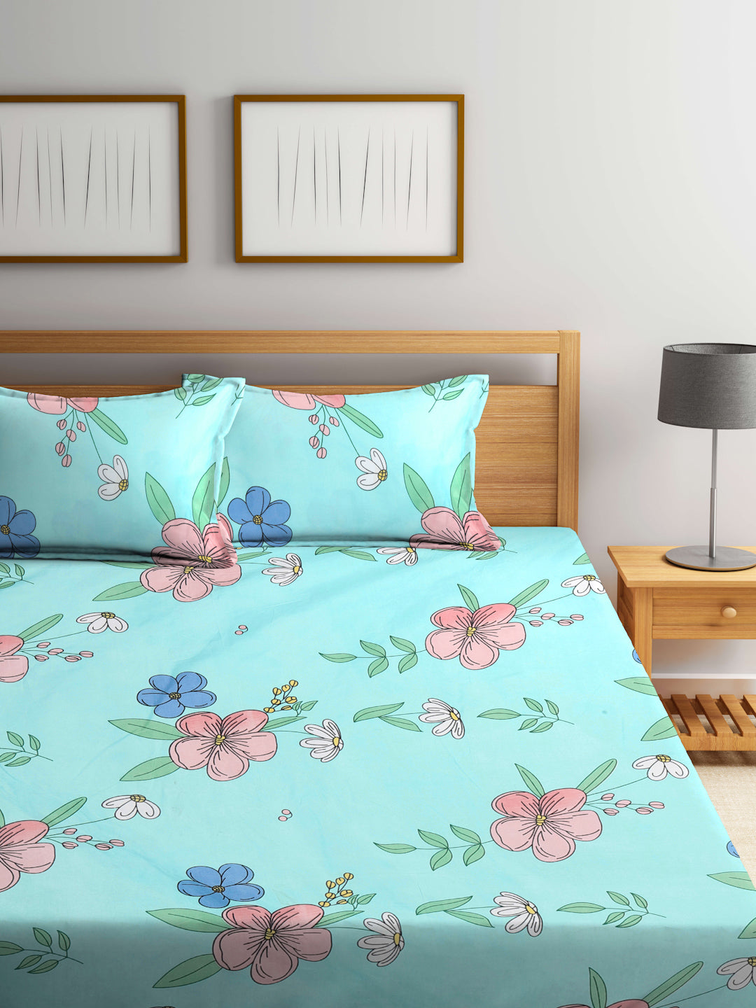 Klotthe Multicolor Floral 300 TC Cotton Blend Fitted Double Bedsheet in Book Fold Packing