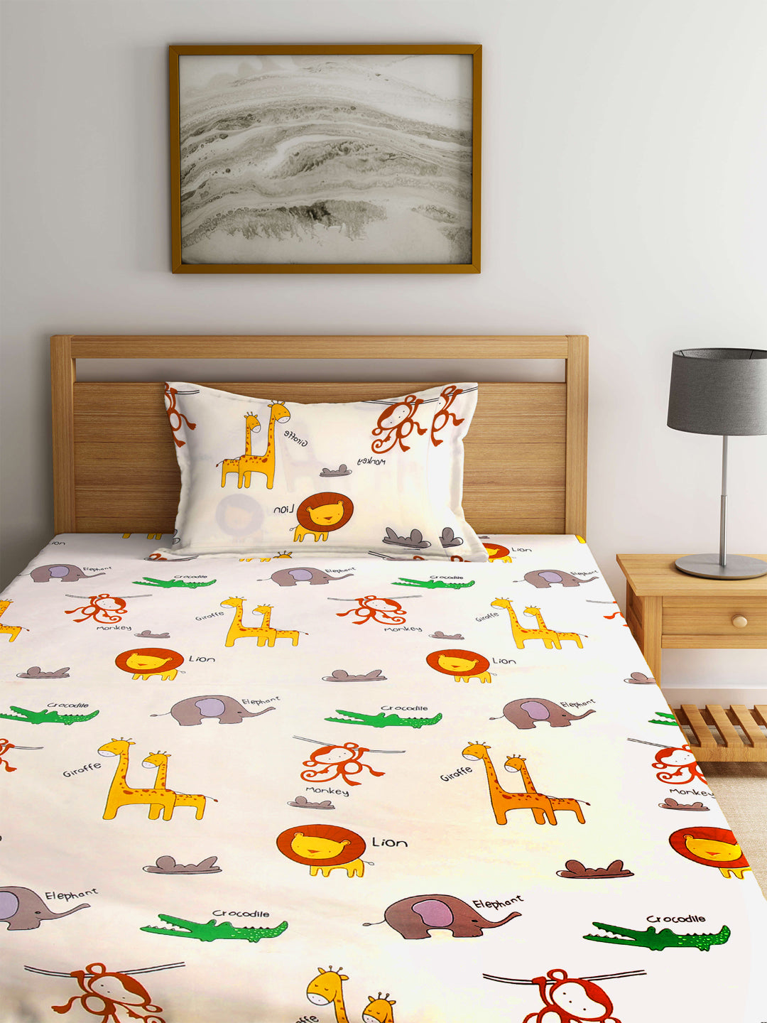 Klotthe Kids Multi Cartoon Characters 300 TC PolyCotton Blend Elasticated Single Bedsheet with Pillow Cover