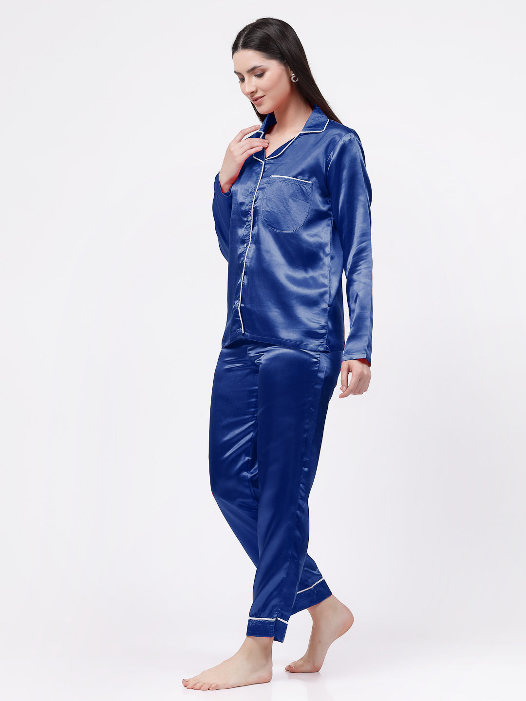 Klotthe Women Blue Solid Satin Night Suit by KLOTTHE