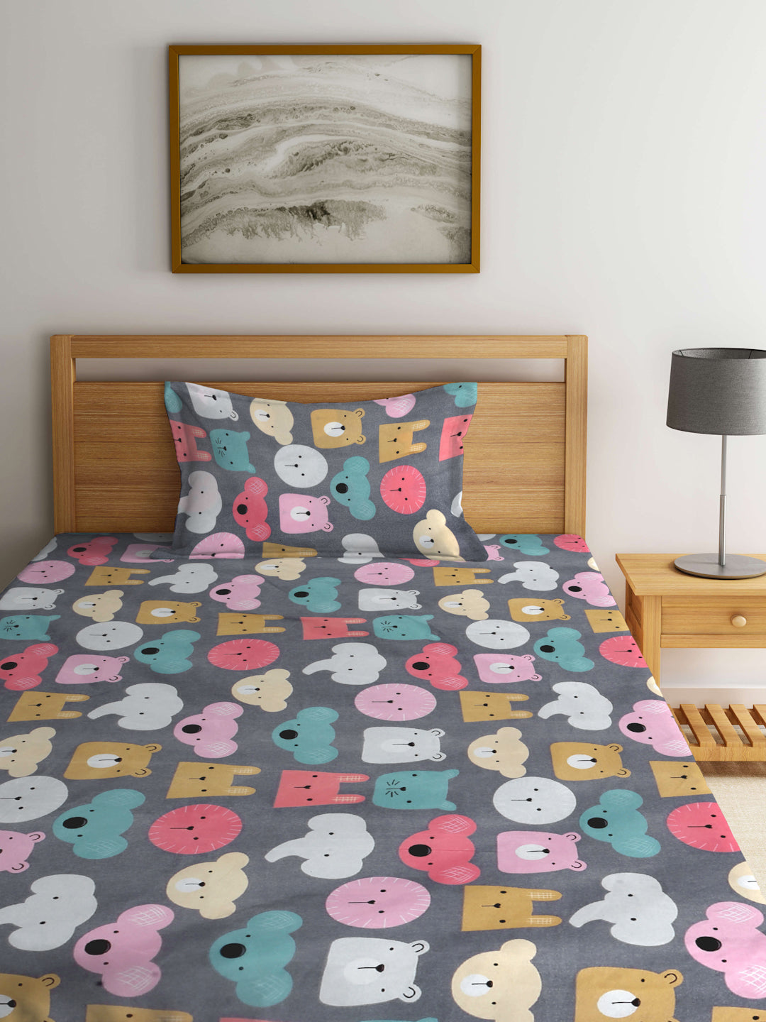 Klotthe Multicolor Cartoon Characters 300 TC Cotton Blend Single Bedsheet with Pillow Cover