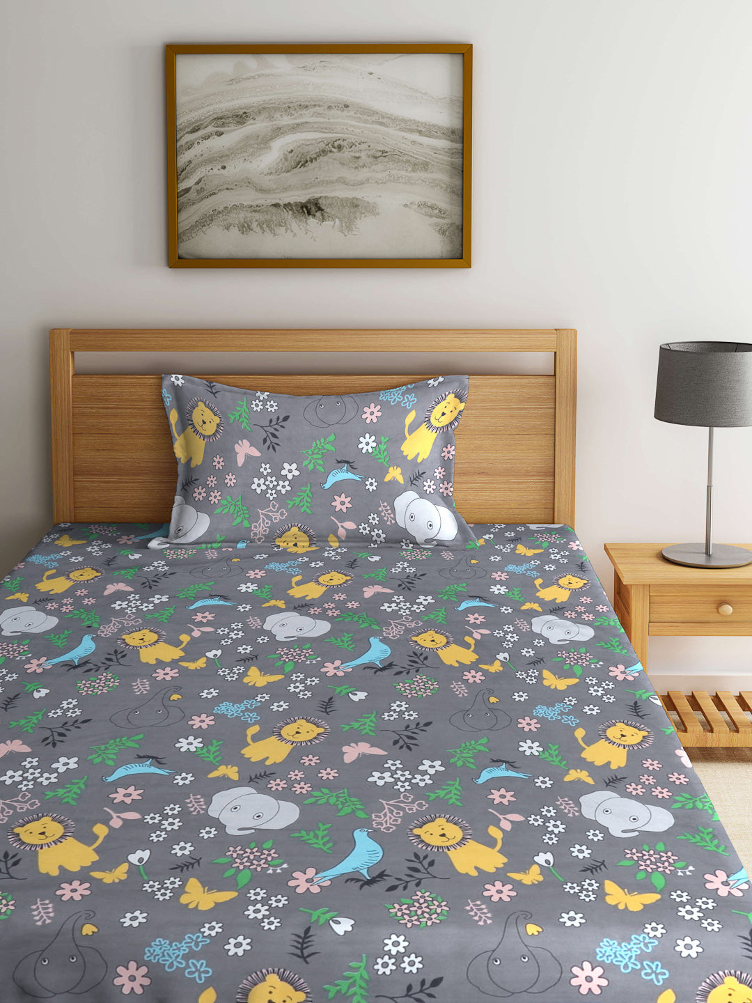 Klotthe Kids Multi Cartoon Characters 300 TC Cotton Blend Elasticated Single Bed Sheet with Pillow Cover