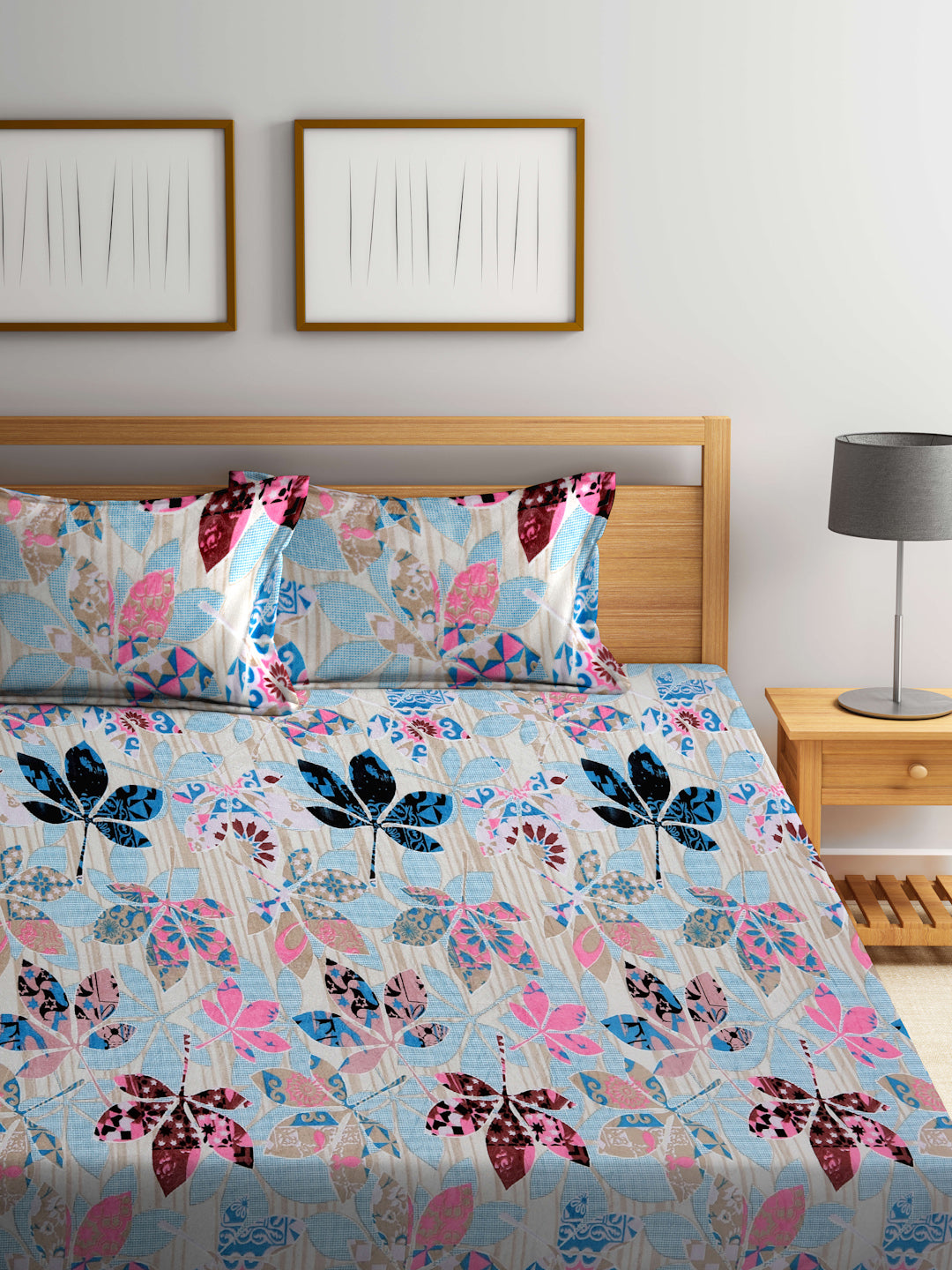 Klotthe Multicolor Floral Woolen Fitted Double Bed Sheet with 2 Pillow
