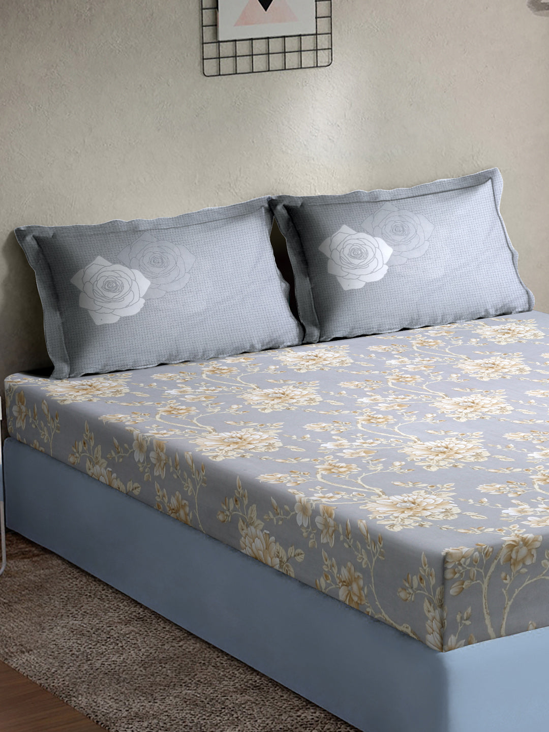 Klotthe Grey Floral 400 TC Pure Cotton Fitted Super King Double Bedsheet with 2 Pillow covers (270X270 cm)