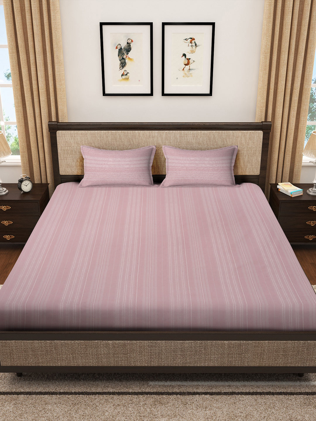 Klotthe Pink Striped 400 TC Pure Cotton King Size Double Bedsheet with 2 Pillow covers