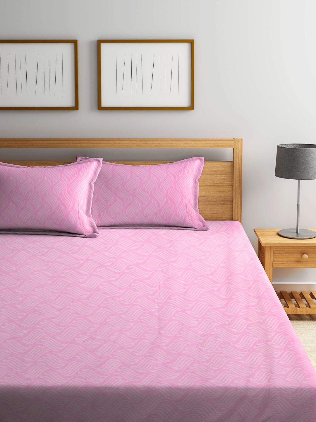Klotthe Pink Abstract 300 TC Cotton Blend Fitted Double Bedsheet with 2 Pillow Covers
