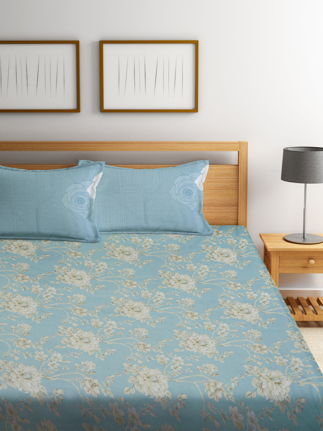 Klotthe Turquoise Floral 400 TC Pure Cotton Super King Double Bedsheet with 2 Pillow Covers (270X270 cm)