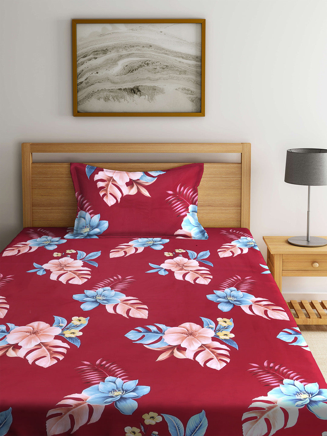 Klotthe Red Floral 210 TC Cotton Blend Single Bed Sheet with Pillow Cover