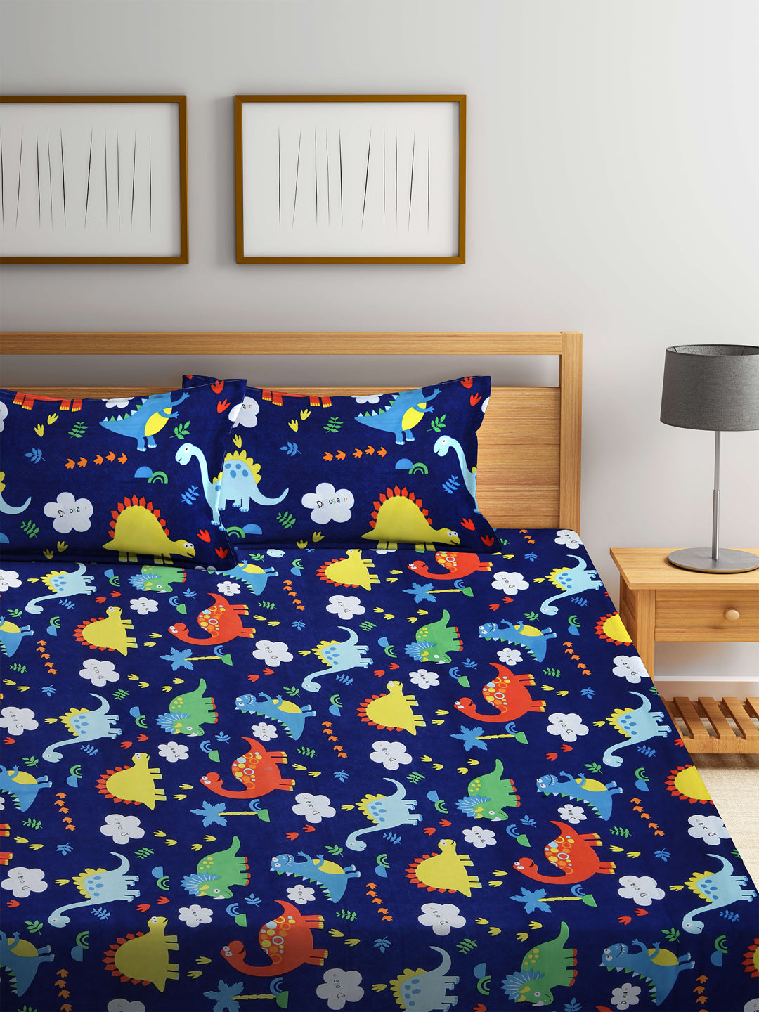 Klotthe Kids Blue Cartoon Characters Cotton Blend 300 TC Elasticated Double Bedsheet with 2 Pillow covers
