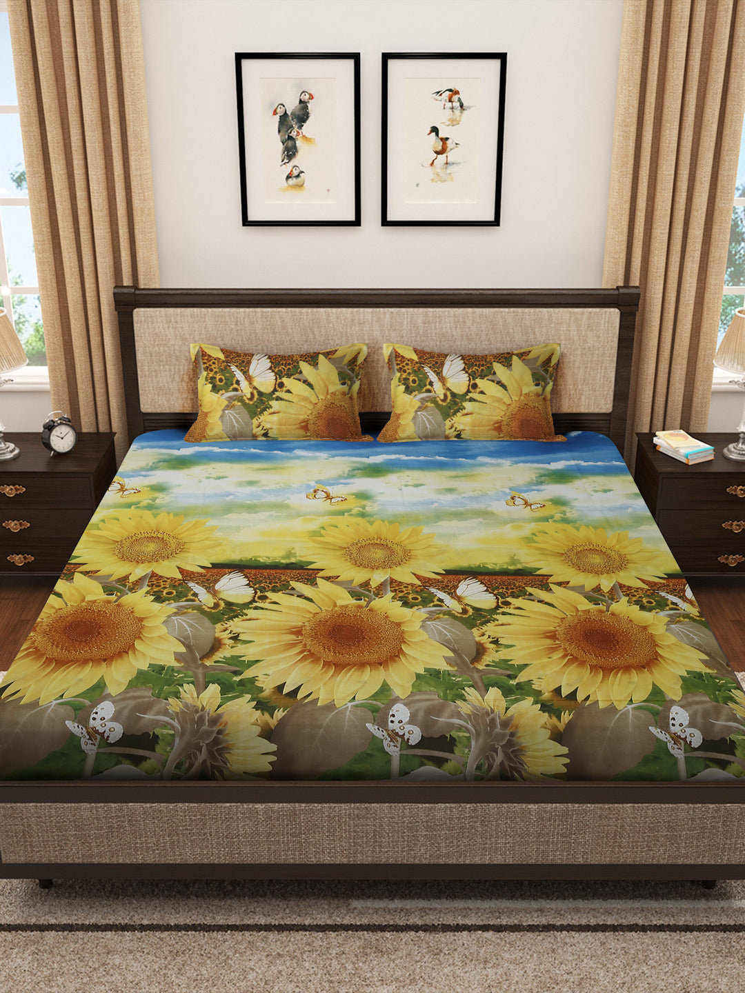 Klotthe Multicolor Floral 300 TC Cotton Blend King Size Double Bedsheet with 2 Pillow covers