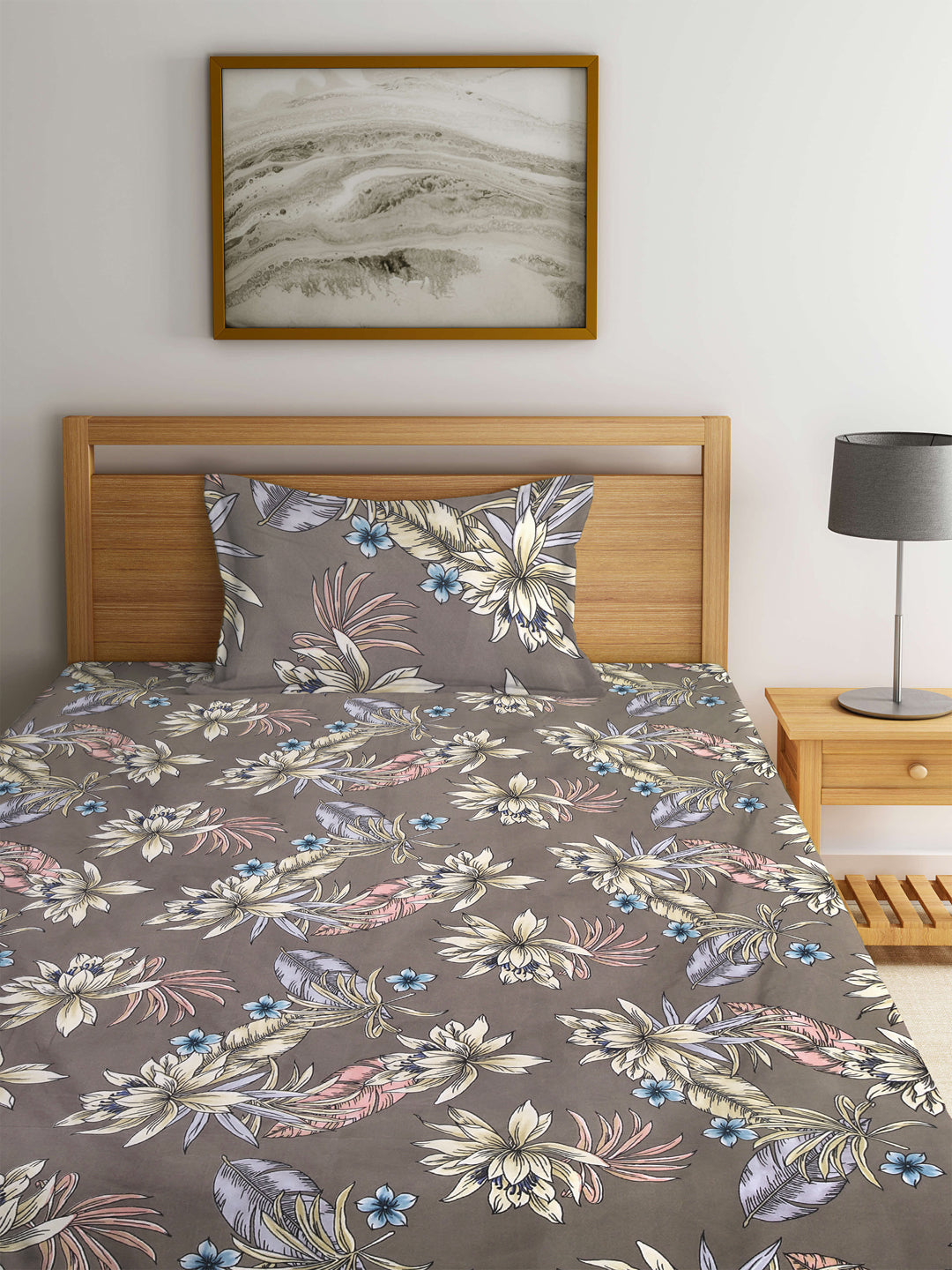 KLOTTHE Brown Polycotton Floral Single Bedsheet with 1 Pillow Cover (215X150 cm)