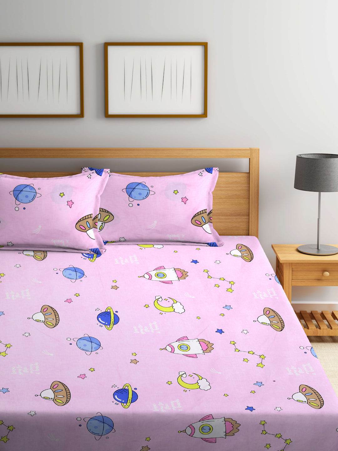 Klotthe Multicolor Cartoon Characters 300 TC Cotton Blend Double Bedsheet with 2 Pillow Covers