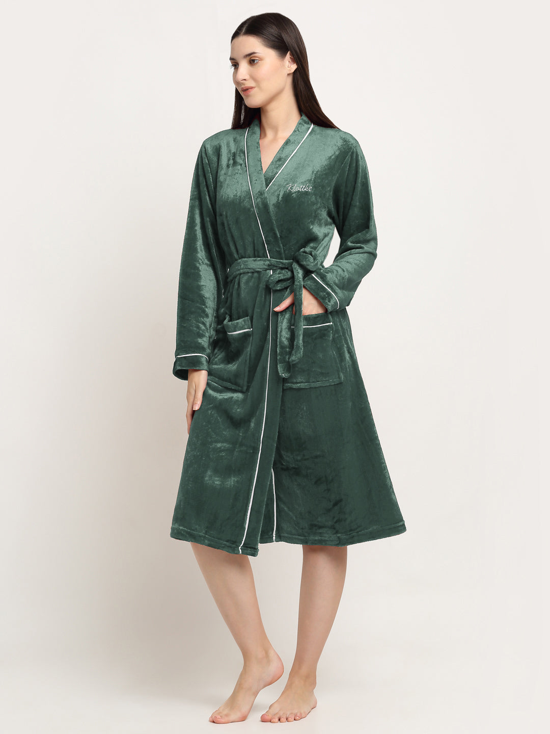 Klotthe Women Green Solid Wool Bath Robe With Belt
