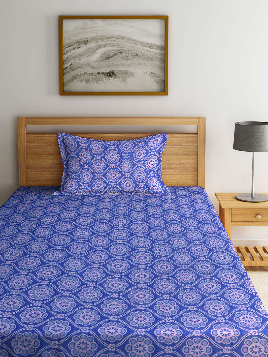 Klotthe Blue Woven Design Pure Cotton Single Bed Cover with Pillow Covers