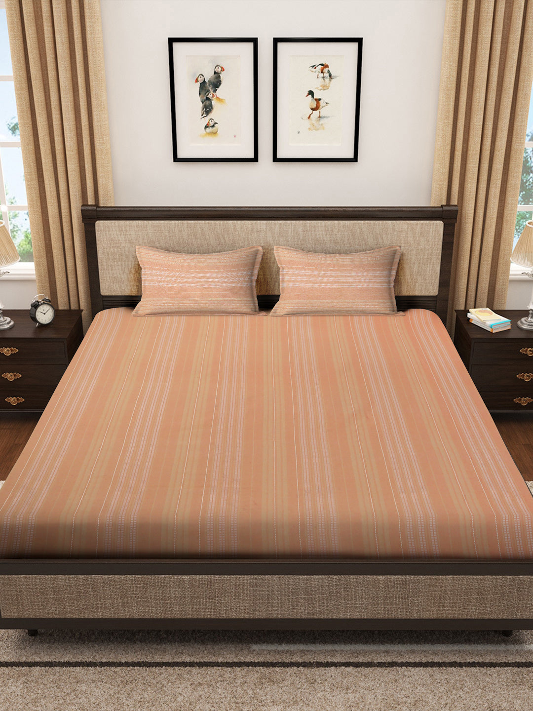 Klotthe Orange Striped 400 TC Pure Cotton King Size Double Bedsheet with 2 Pillow covers