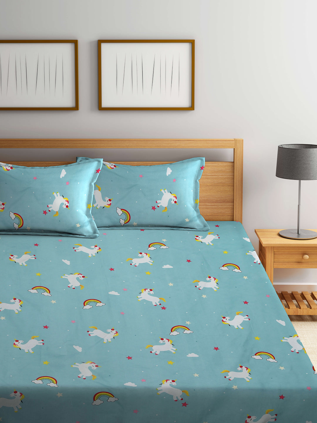Klotthe Multicolor Cartoon Characters 300 TC Cotton Blend Fitted Double Bedsheet in Book Fold Packing