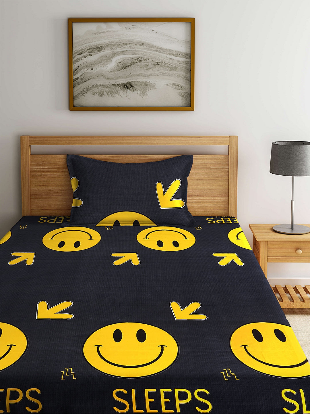 Klotthe Black Cartoon Characters Cotton Blend Single Bedsheet with Pillow cover
