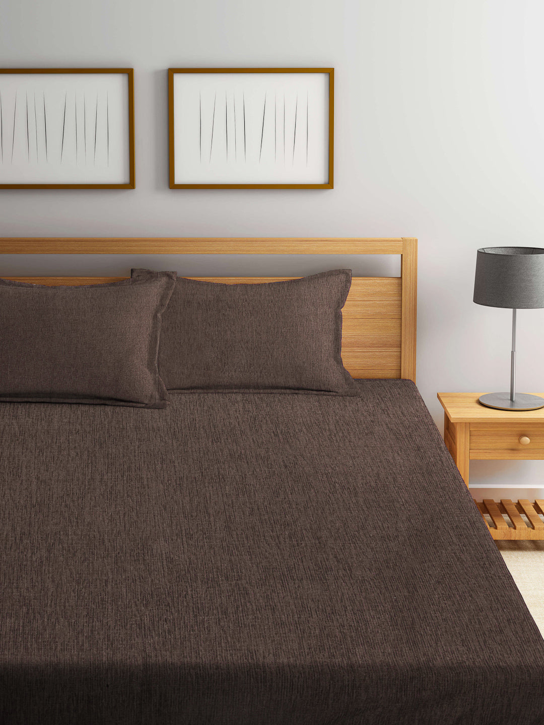 Klotthe Brown Solid Cotton Double Bed Cover With 2 Pillow Covers