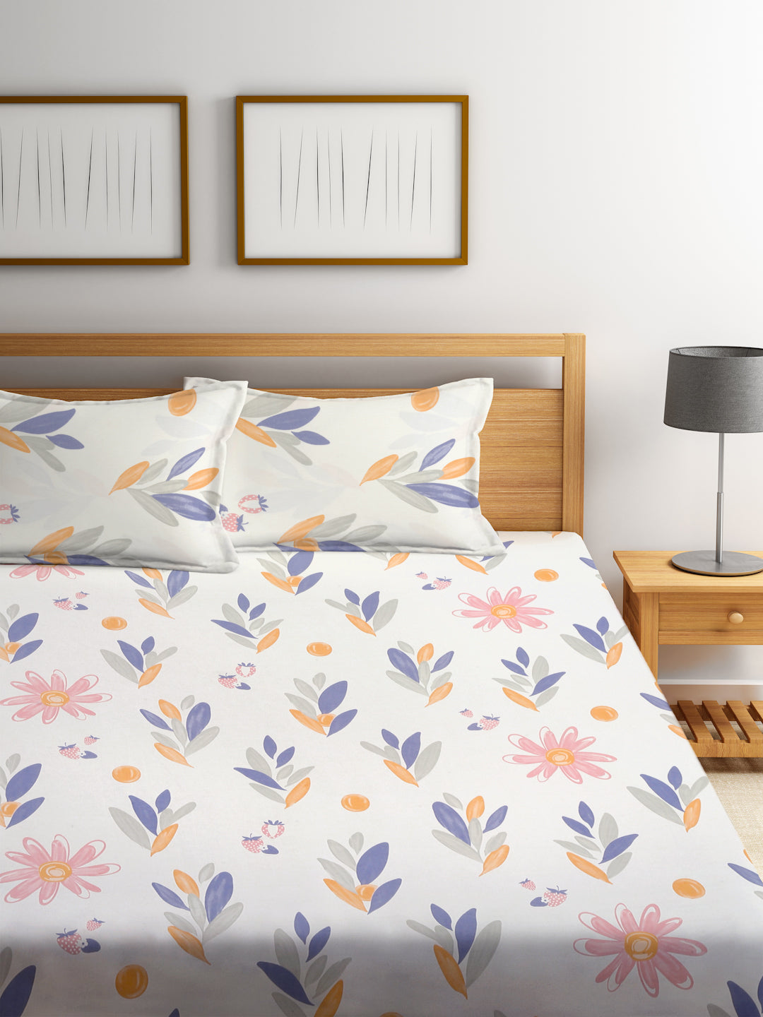 Klotthe Multi Floral 300 TC Cotton Blend Double Bedsheet with 2 Pillow covers