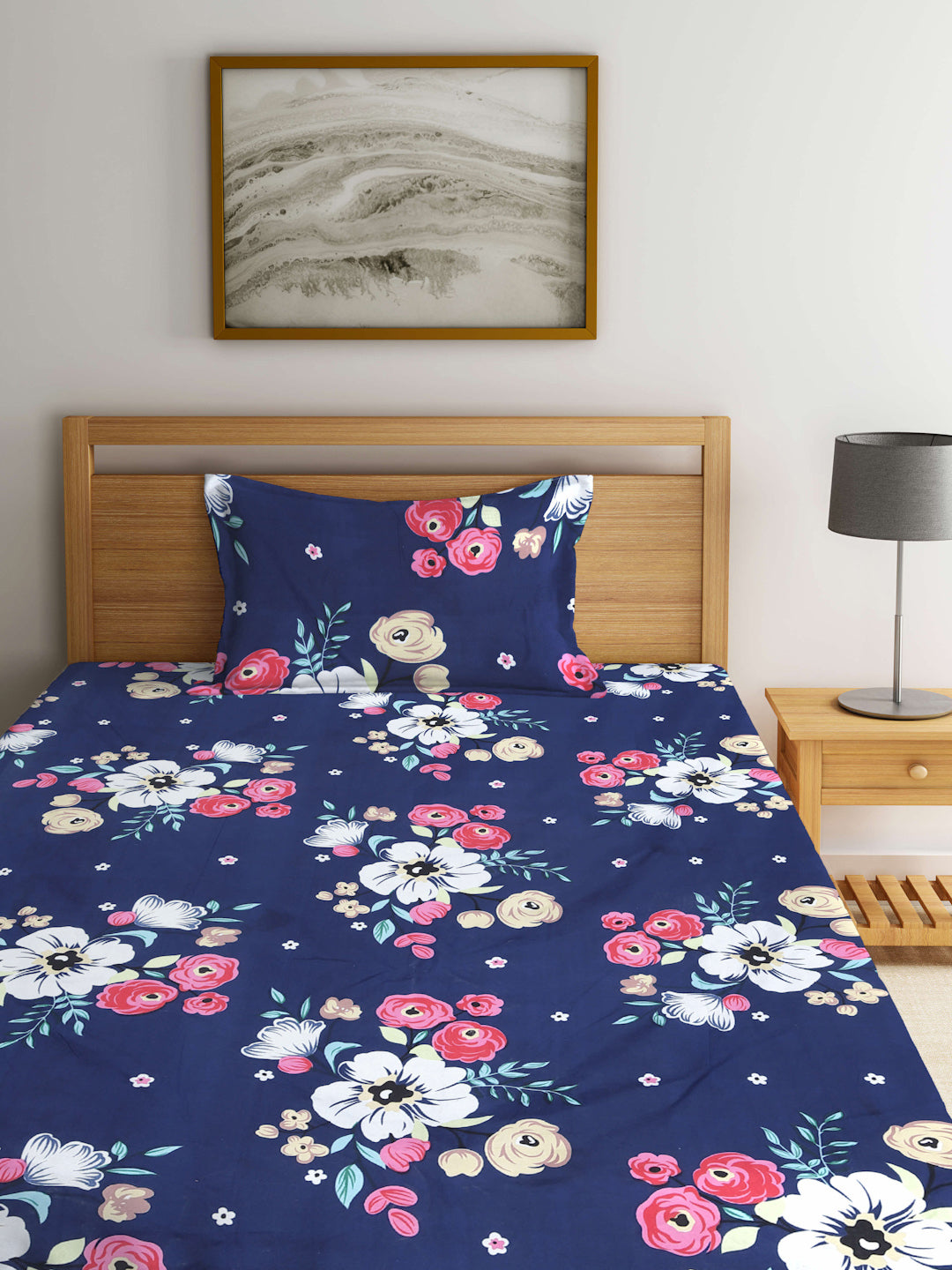 Klotthe Multi Floral 300 TC Cotton Blend Single Bedsheet with Pillow Cover