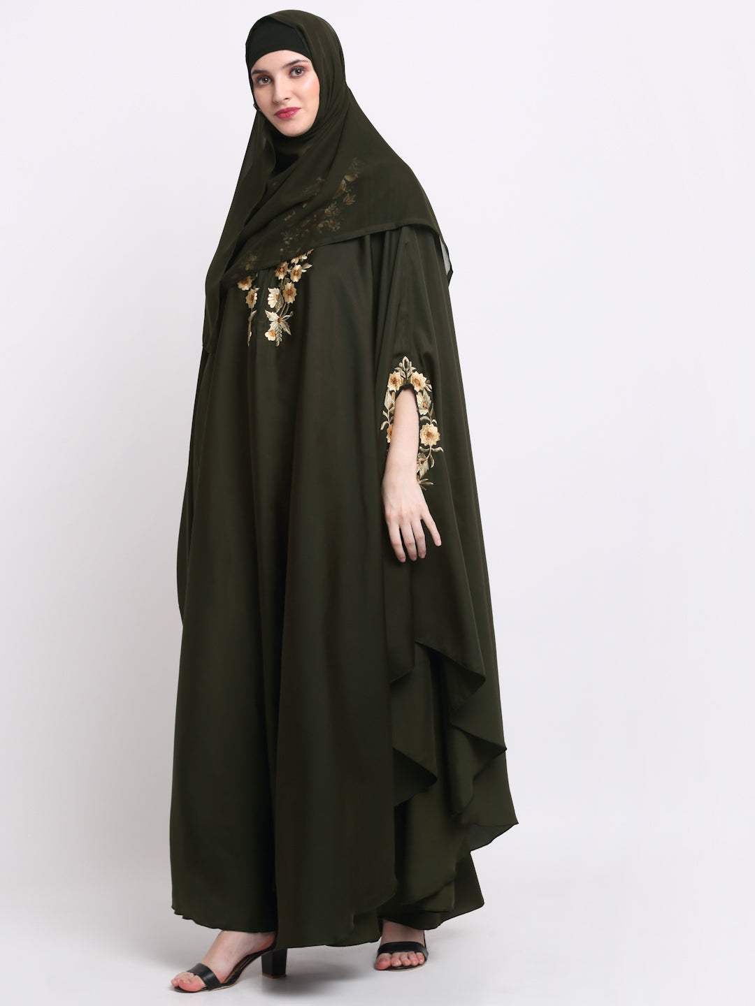 Klotthe Women Olive Embroidered Burqa With Scarves